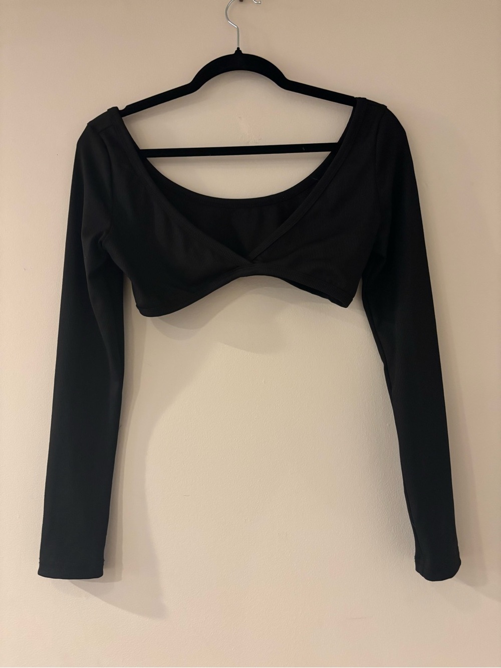 Long Sleeve Black Cropped Wrap-Front Top
